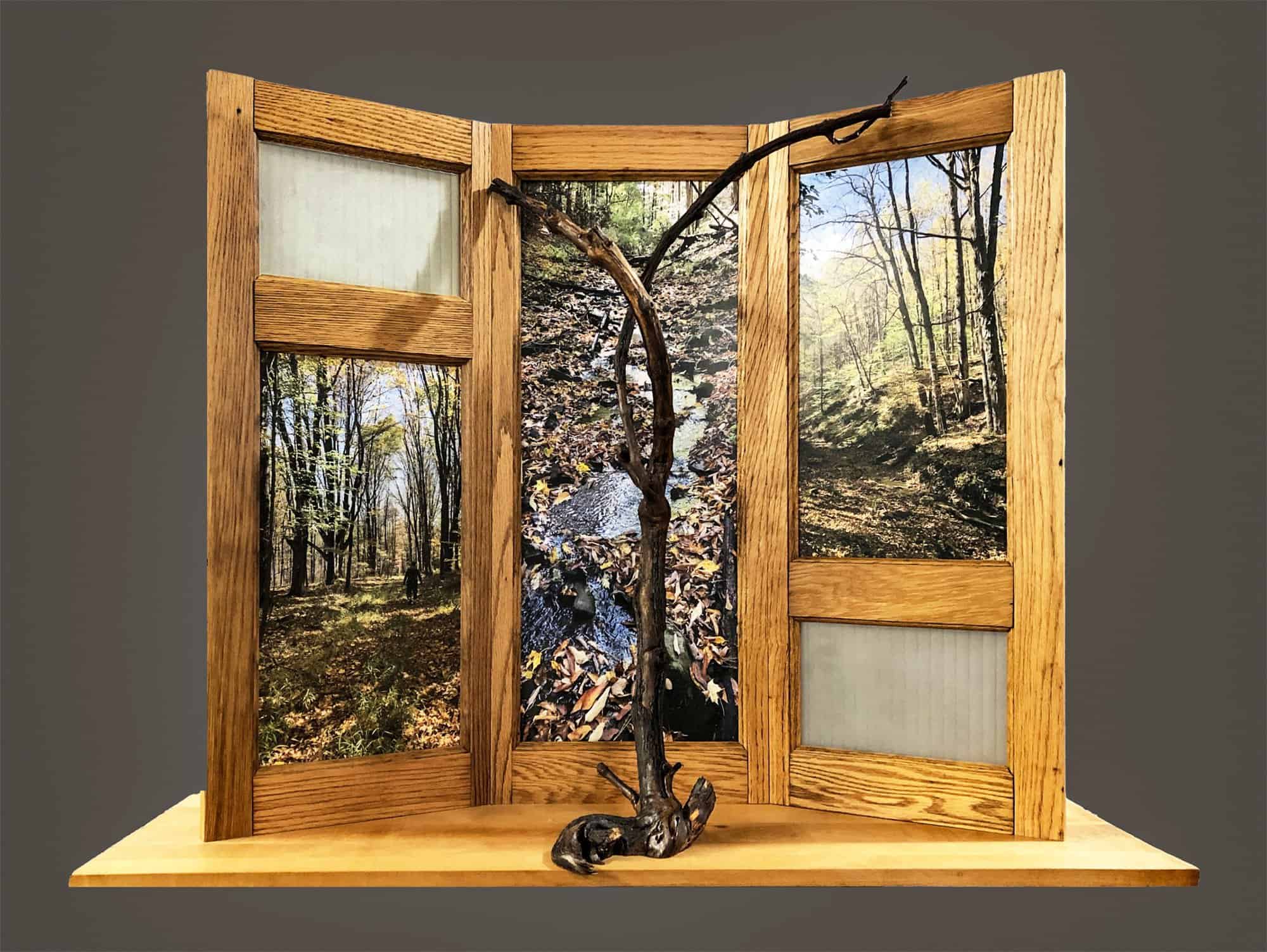 October Stream and Trees – 2022, photos with reused wood and glass, 29 x 37 x 11.5 inches