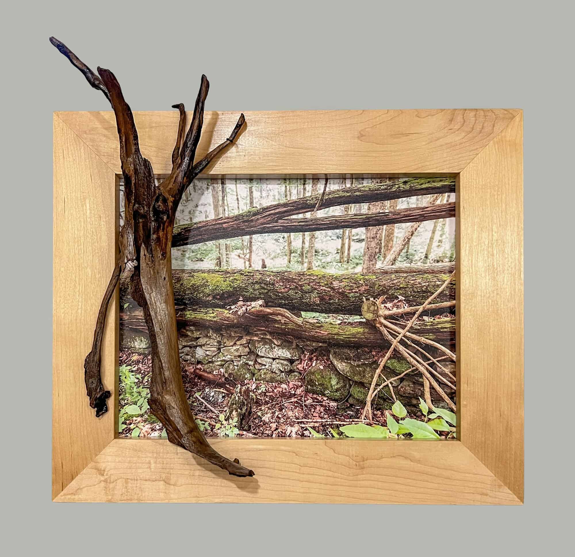 Stone Wall with Downed Trees – 2024, photo, found and reused wood, 16.5 x 18.5 x 6.5 inches