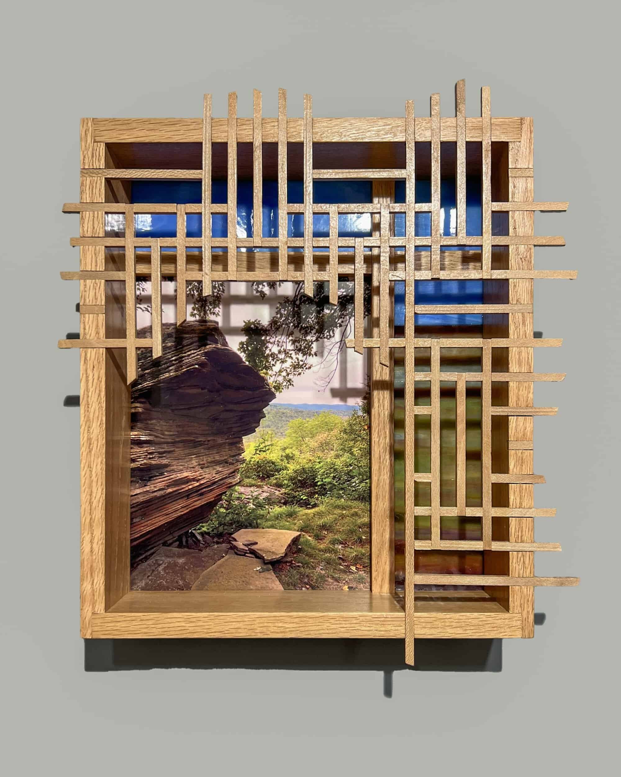 Boulder and Vista with Lattice – 2021, photo, reused wood and stained glass, 17 x 15 x 4 inches